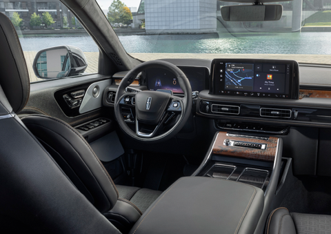 The interior of the 2025 Lincoln Aviator® SUV is shown parked with a view of a harbor through the windshield. | Bozard Lincoln in Saint Augustine FL